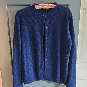 Vintage Fashion Wear Blue Sweater Textured Cardigan 60s Women Med/large Crochet